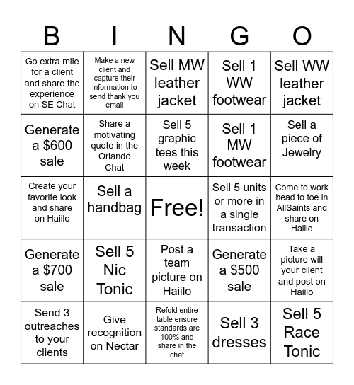 AllSaints Selling BINGO Card