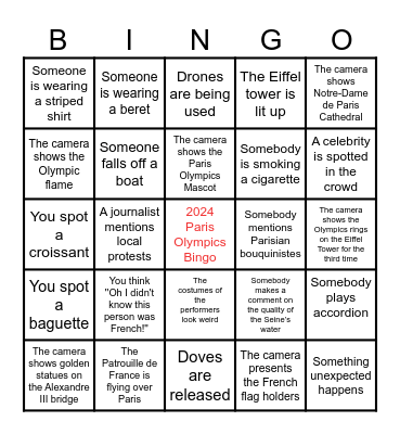 2024 Paris Opening Ceremony Bingo Card