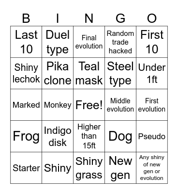 Pokemon hunt Bingo Card