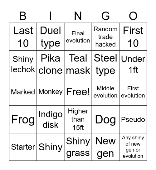 Pokemon hunt Bingo Card