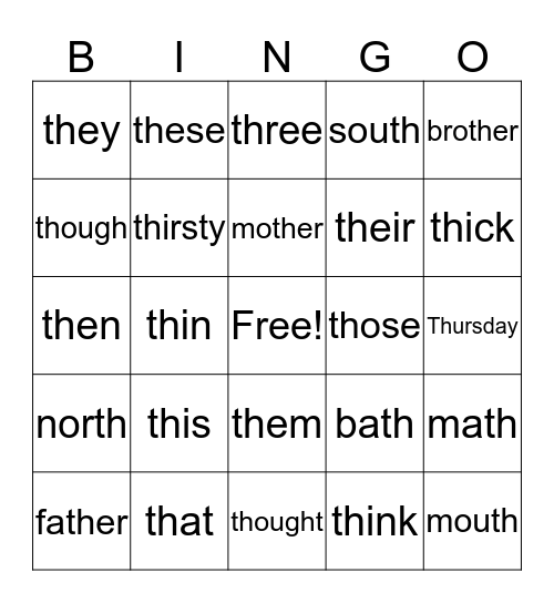 "th" sounds Bingo Card