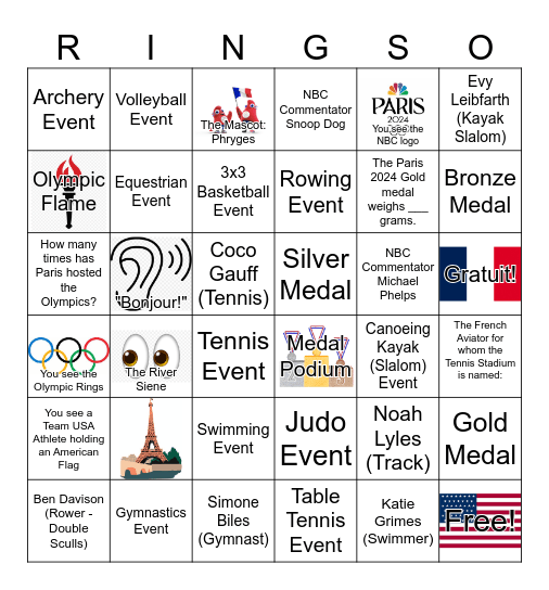 2024 Olympics Watch Party Bingo Card