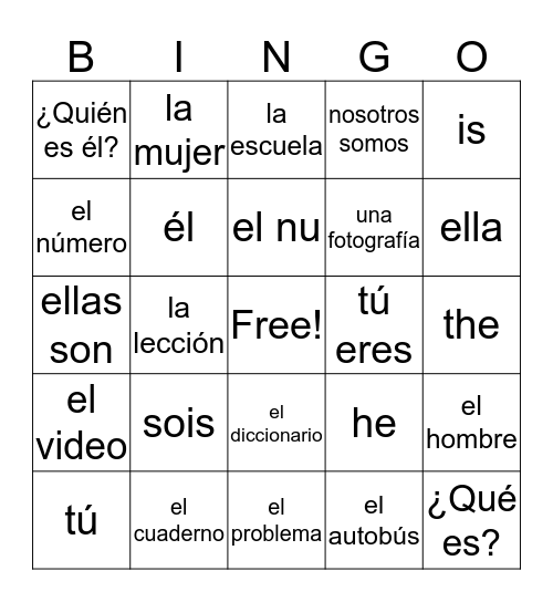 Nouns, Articles, and Present Tense of Ser Bingo Card