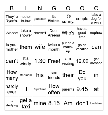 mixed vocabulary Bingo Card