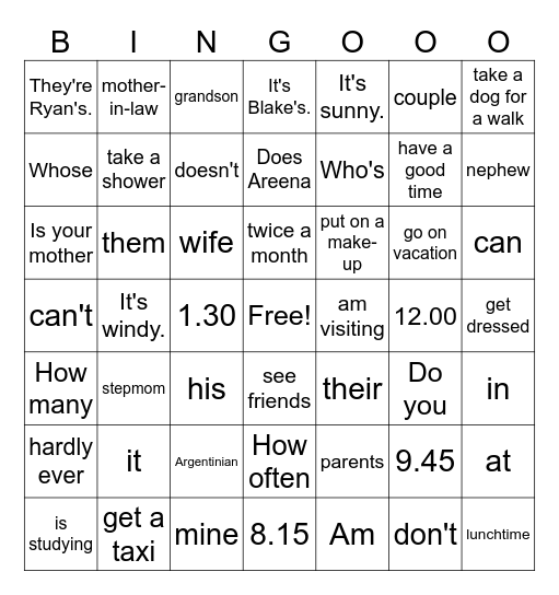 mixed vocabulary Bingo Card