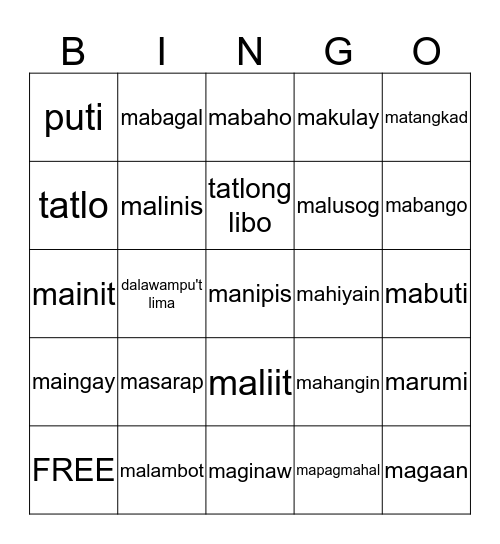 Mga Salitang Naglalarawan Bingo Card