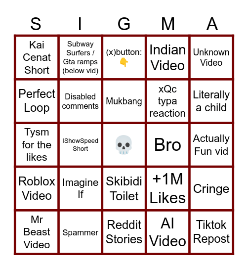 Yt Shorts Bingo Card