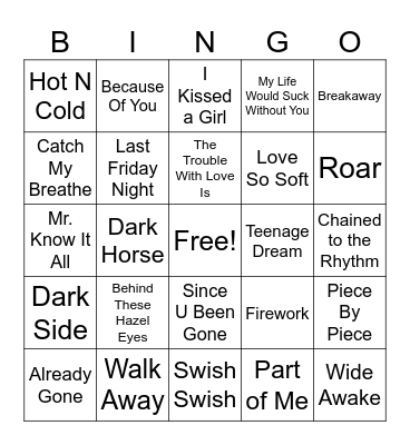 Kelly Clarkson VS Katy Perry Bingo Card