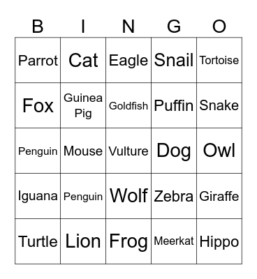 Animals Bingo Card