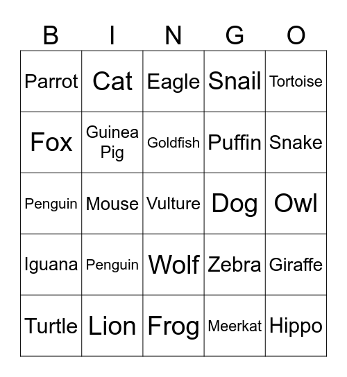 Animals Bingo Card