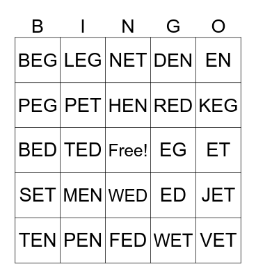 Short E Sounds Bingo Card