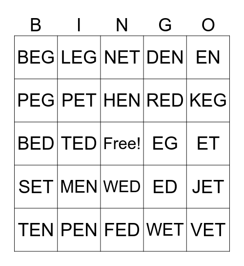 Short E Sounds Bingo Card