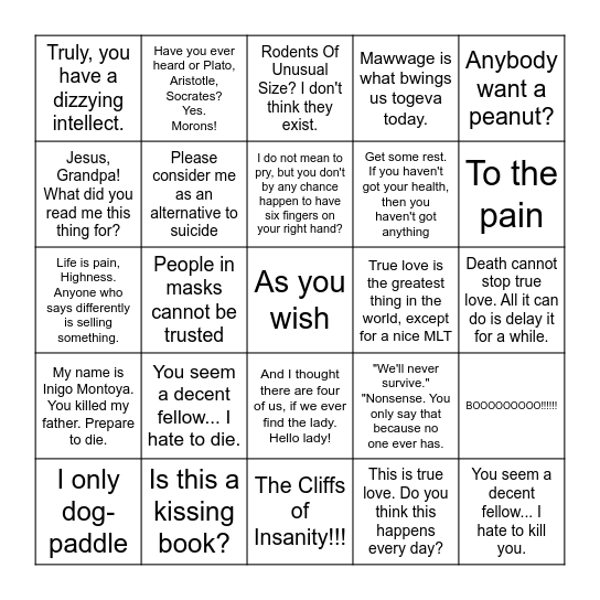 The Princess Bride Bingo Card