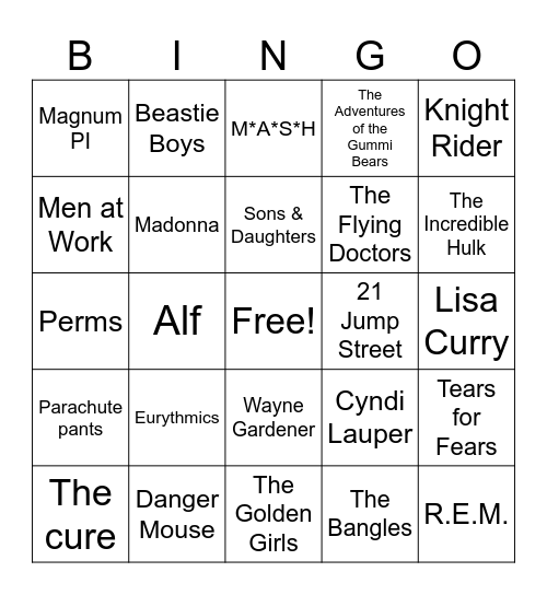 1980s Pop Culture Bingo Card