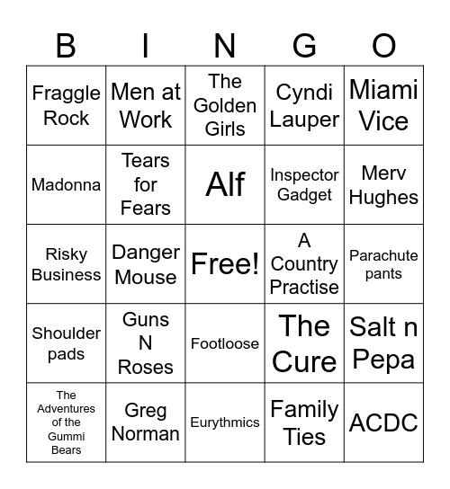 1980s Pop Culture Bingo Card