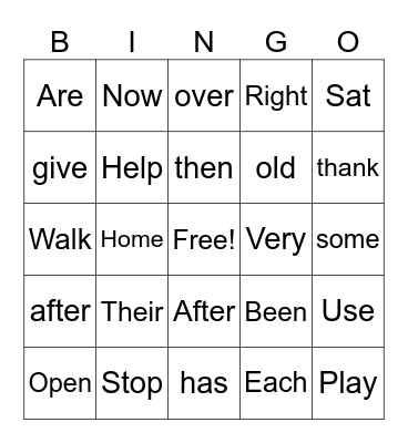 Sight Word Bingo Card