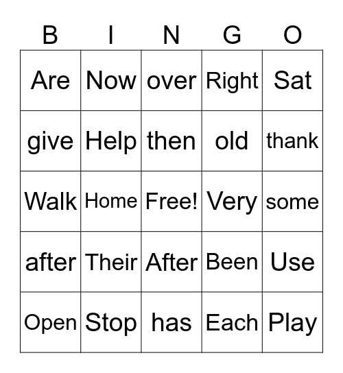 Sight Word Bingo Card