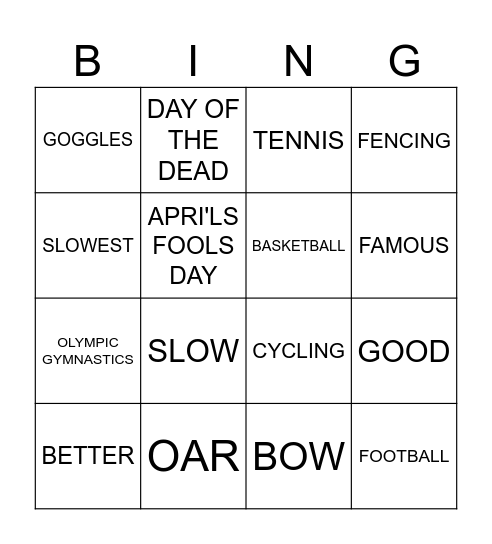 ENGLISH BINGO Card