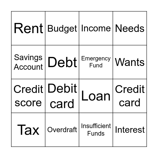 Financial Literacy Bingo Card