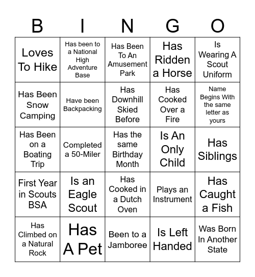 Scout "Get to know you" Bingo Card