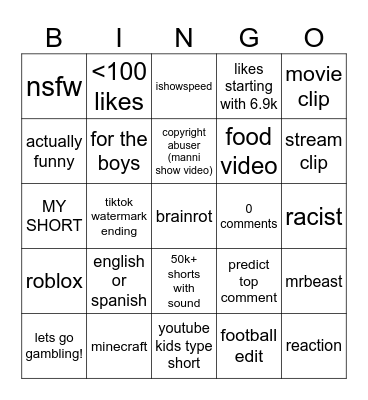 youtube shorts bingo Card