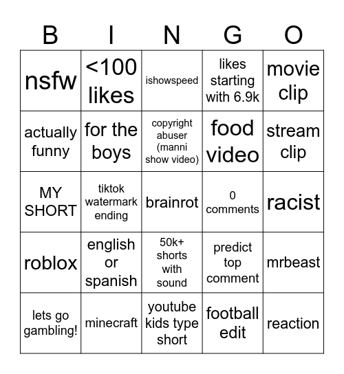 youtube shorts bingo Card