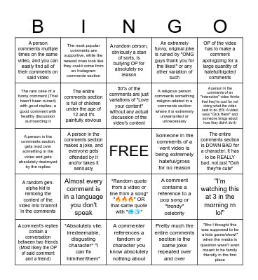 Average YouTube Comments Section Bingo Card