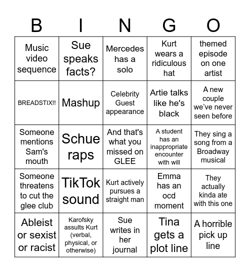 And that's what you missed on Glee! Bingo Card