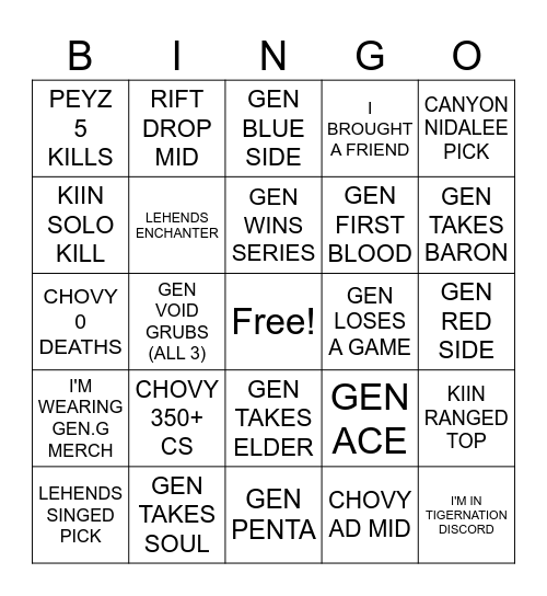 GEN.G NIGHT MARKET WATCH PARTY BINGO Card