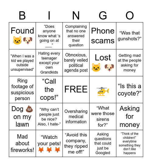 NextDoor App Bingo Card