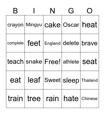 Vowel Letter sounds Bingo Card