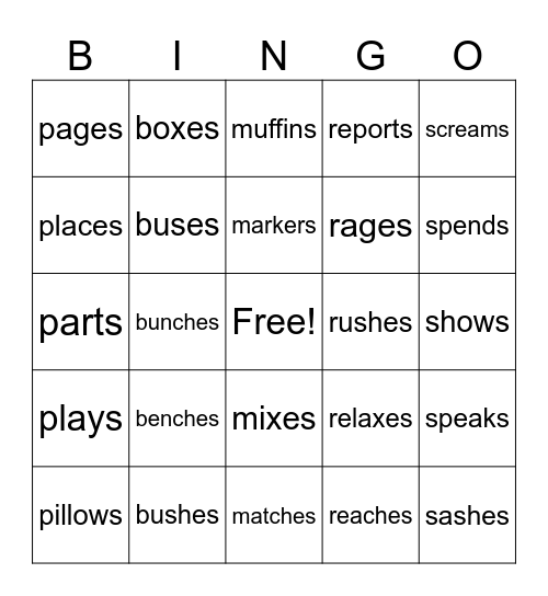 Plural -s and -es Bingo Card