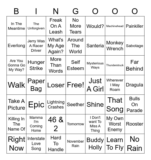 Best Of The 90's Bingo Card