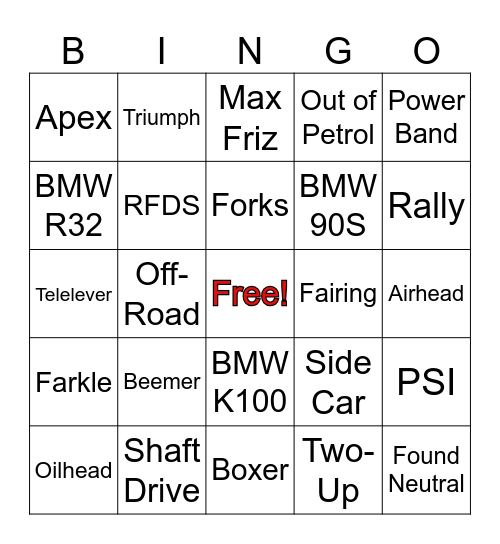 Motorbike Bingo A2 Bingo Card