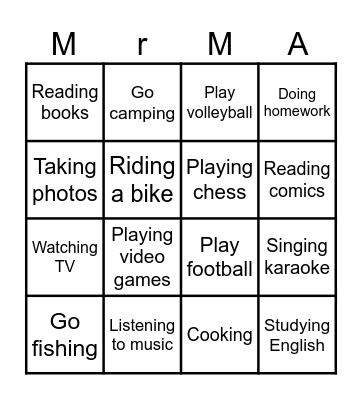 Weekend activities Bingo Card