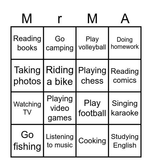 Weekend activities Bingo Card