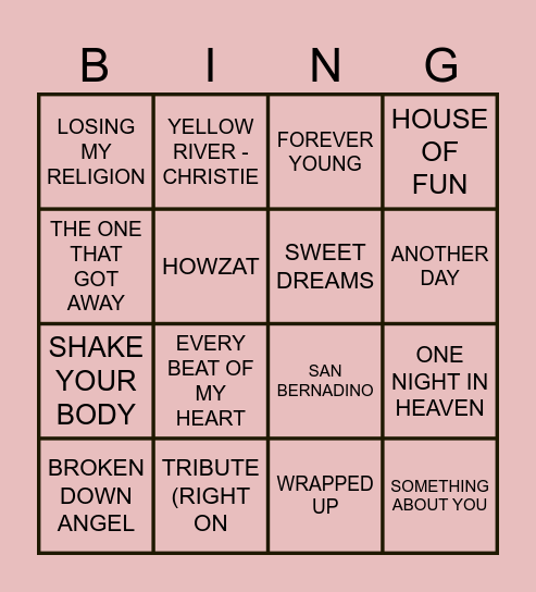 Pop n Rock Bingo Card