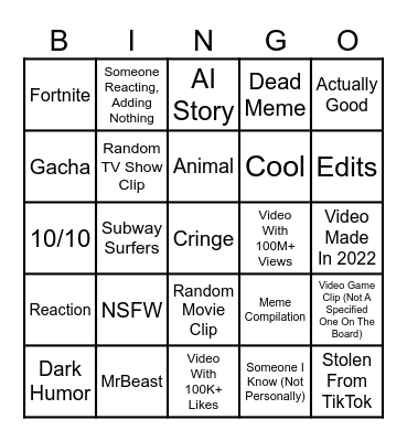 YouTube Short Bingo Card