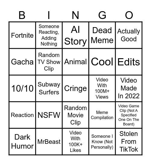 YouTube Short Bingo Card