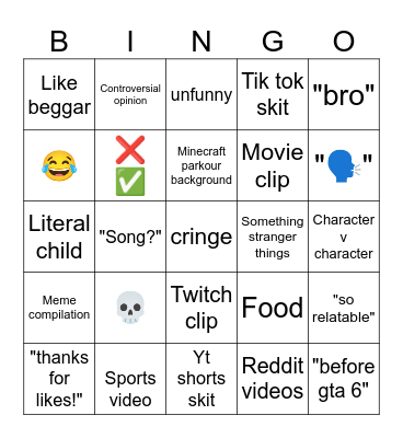 YouTube shorts Bingo Card