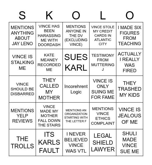 Stuttering John Lawsuit Response Bingo Card