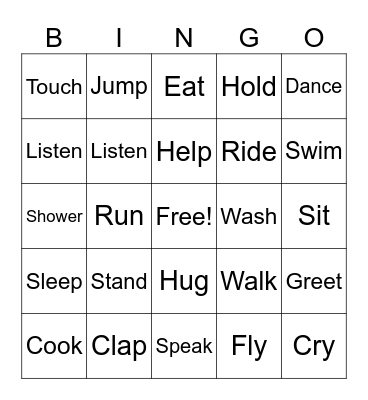 Action Words Bingo Card