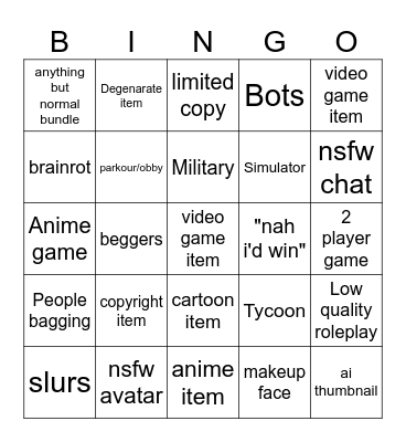 literally Roblox Bingo Card