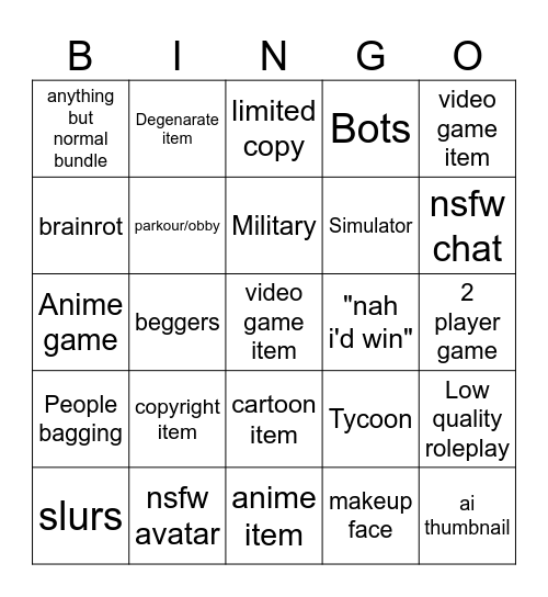 literally Roblox Bingo Card