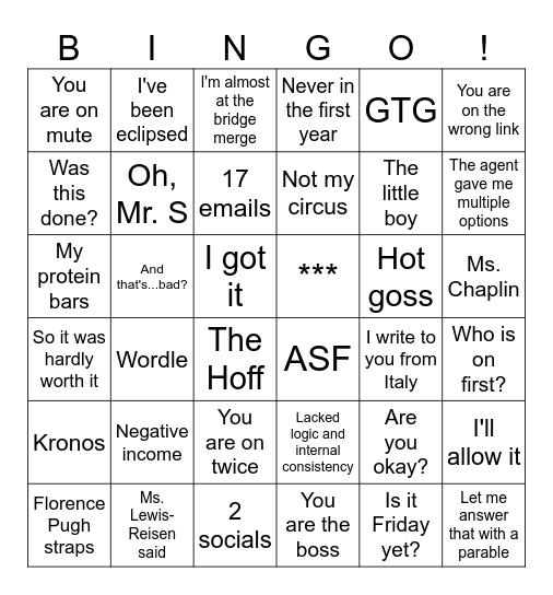 GTG List Bingo Card