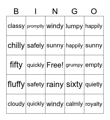 -y -ly -ty Bingo Card