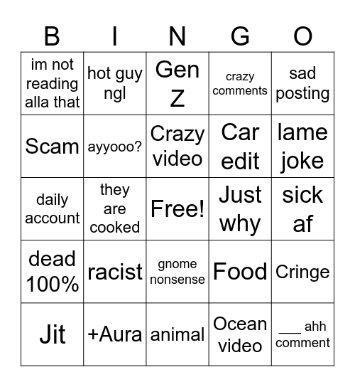 Instagram Bingo Card