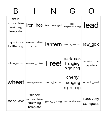 Minecraft 1.21 all items Bingo Card