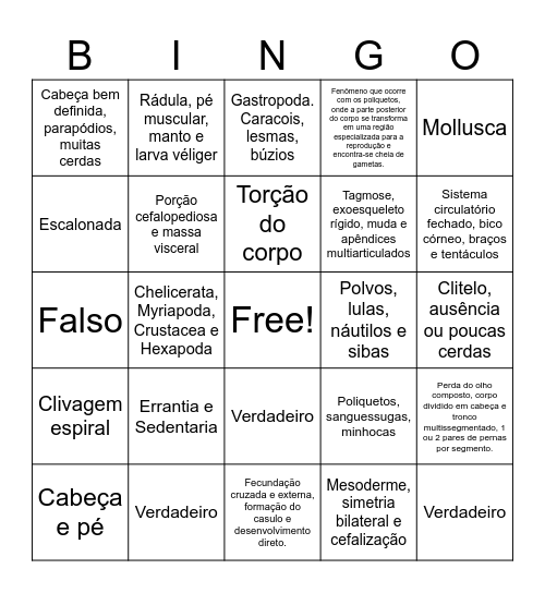 Zoologia dos Invertebrados II - Revisão Bingo Card