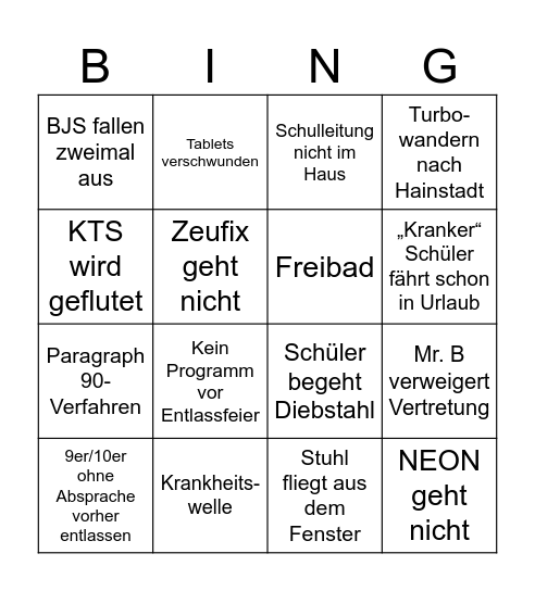 Schuljahresendbingo Card